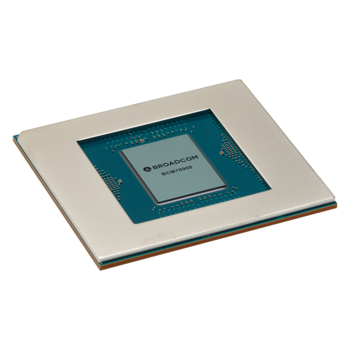 Broadcom BCM78900 Tomahawk-class Ethernet switch chip on its package substrate